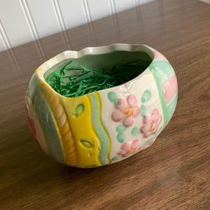 Hand Painted Pink Daisy Ceramic Easter Egg Shaped Mini Planter or Candy Dish